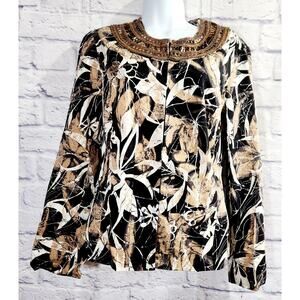 Chico's Black Tan White Leaf Print Beaded Collar Hook & Eye Jacket 1 Medium